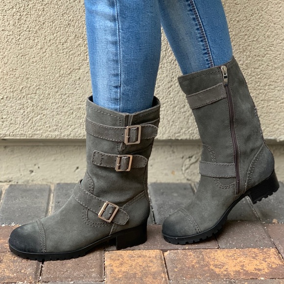 Charcoal Gray Distressed Suede Combat Moto Boots - Picture 3 of 7